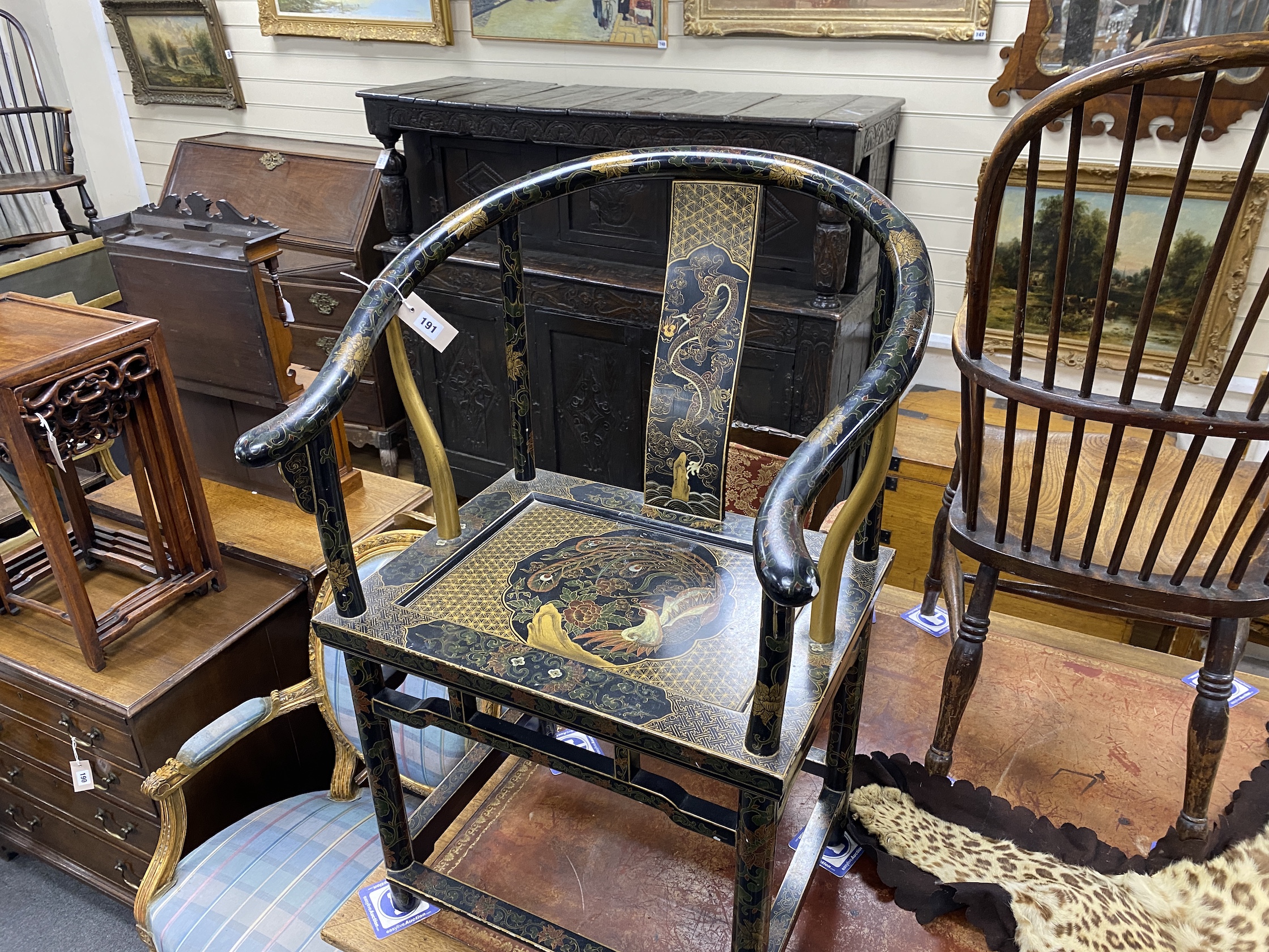 A Chinese lacquer throne armchair, width 58cm, depth 45cm, height 98cm